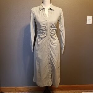 Sim & Sam S Dress 100% Cotton Midi Sage Green Long Sleeve Button Front Office